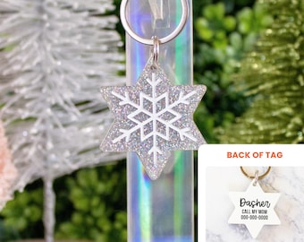 Frosted | Christmas Pet ID Tag, Silver Glitter Snowflake, Custom Cat and Dog Acrylic Tag, Personalized Name Tag, Snowflake Tag
