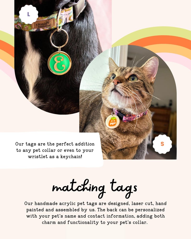 a cat wearing a pet collar with a matching green and orange tag, and a dog wearing a colorful collar with a matching green and orange tag. The tags are described as the perfect addition to any pet collar or even a wristlet, and they are handcrafted acrylic pet tags designed to be laser cut, hand painted, and assembled by the owner. The tags can be personalized with the pet's name and contact information, adding both charm and functionality to the collar.