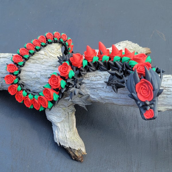 Rose Dragon Articulated 3d Printed Black /w Red Roses and Green Leaves  Wow!!