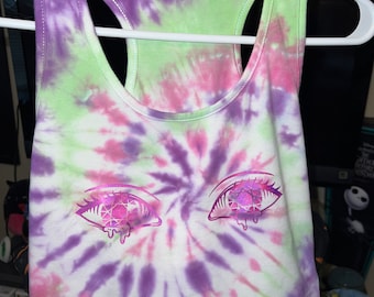 Small Hand Tie Dyed Crop Top Tank Top with Hot Reflective Pink Drip Eyes Decal