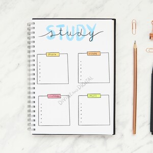 May include: A black and white notebook with a spiral binding. The notebook has a white background with black lines and a blue handwritten title "STUDY". The notebook is divided into four sections with the headings "Math", "History", "Psychology", and "Physics".