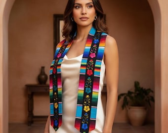 Estola de graduación Serape bordada, faja mexicana con flores, estola turquesa del orgullo hispano