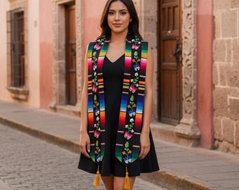 Estola de graduación de sarape mexicano hecha a mano, faja floral de mariposa
