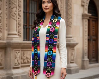 Estola de Graduación Serape Bordada / Faja Floral Mexicana / Estola Bordada de Graduación 2026 / Zarape con Flores Bordadas