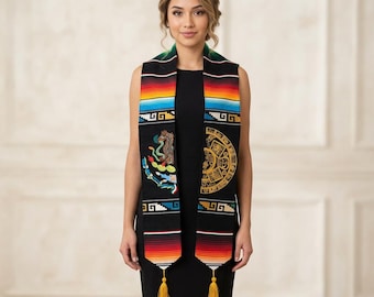 Estola de graduación mexicana de sarape bordada con águila y calendario azteca – Banda de la promoción de 2026