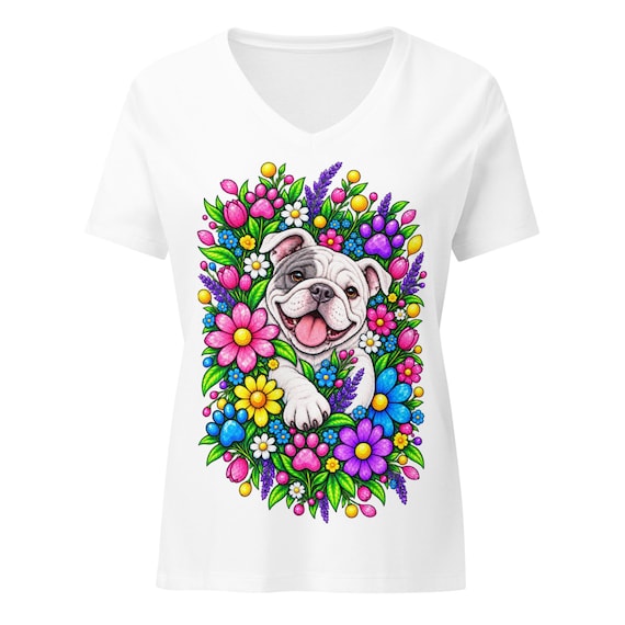 Bulldog Flowers - Women’s relaxed v-neck t-shirt
