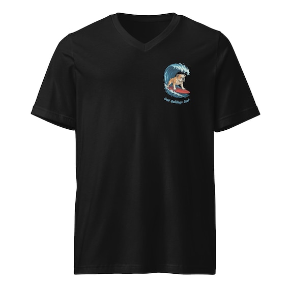 Surfing Bulldog Front & Back Graphics - Unisex Short Sleeve V-Neck T-Shirt