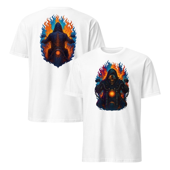 Skull Flames Rider on Motorcycle Front and Back - Short-Sleeve Unisex T-Shirt