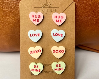 Pendientes de caramelo de corazón de San Valentín / Pendientes de San Valentín / Joyería de corazón de caramelo / Corazones de conversación / Pendientes Be Mine / Joyas de San Valentín