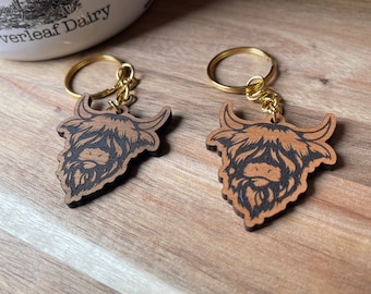 Laser Engraved Highland Cow Keychain | Wooden Bag Charm