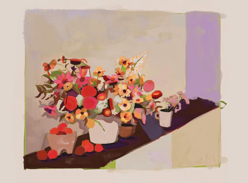 May include: A still life painting depicting a bouquet of red, pink and yellow flowers in a white vase. The flowers are arranged on a table with a brown surface. There are also some red apples in a bowl and a white mug on the table.