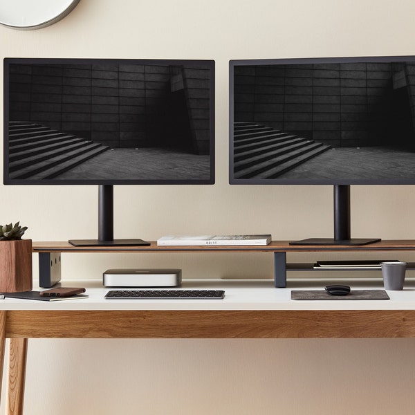 American Walnut Dual Monitor Shelf in Gadget Grey Aluminium Trim