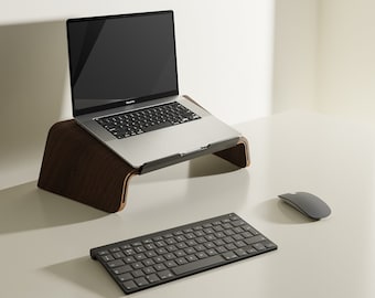 Walnut Veneer Laptop Stand in Grey Aluminium Trim