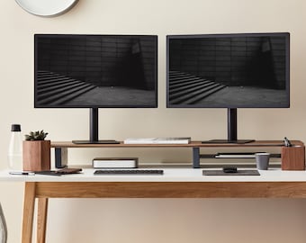 American Walnut Dual Monitor Shelf in Gadget Grey Aluminium Trim