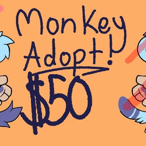 Puede incluir: Una ilustración digital de un personaje de mono azul con un corazón rojo en el pecho. El mono tiene un diseño estampado azul y blanco. El texto "Monkey Adopt! $50" está escrito en negro. Se muestra una versión alternativa del mono con cabello rosado. El texto "Alt" está escrito en negro.