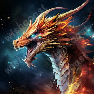 May include: A fiery orange and gold dragon with blue eyes roars against a dark blue and black starry background.