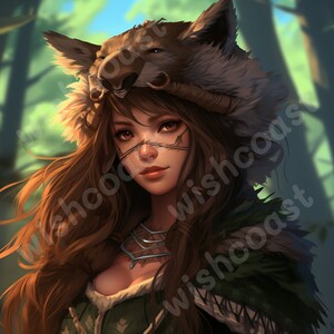 May include: A woman with long brown hair wears a wolf fur hat and a green and brown fur cloak. She has a leather strap across her forehead and a silver necklace.