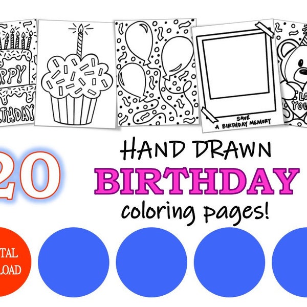 20 BIRTHDAY COLORING PAGES, Digital Download, Birthday Activities for Kids, Happy Birthday Coloring Sheets, Birthday for Kids, Birthday Fun