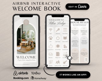 Puede incluir: Un libro de bienvenida digital para alquileres de Airbnb y Vrbo. El libro está diseñado para parecer una aplicación móvil e incluye secciones para el registro, las reglas de la casa, consejos locales y más. El libro se titula "Tu guía para Silka Lodge".