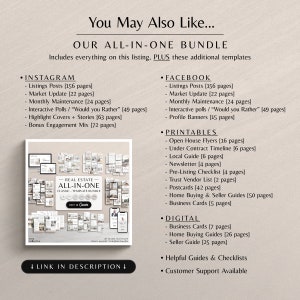 May include: A collage of images showcasing a real estate all-in-one template bundle. The bundle includes templates for Instagram, Facebook, printables, and digital marketing materials. The text "REAL ESTATE ALL-IN-ONE CLASSIC TEMPLATE BUNDLE" is visible in the centre of the image.