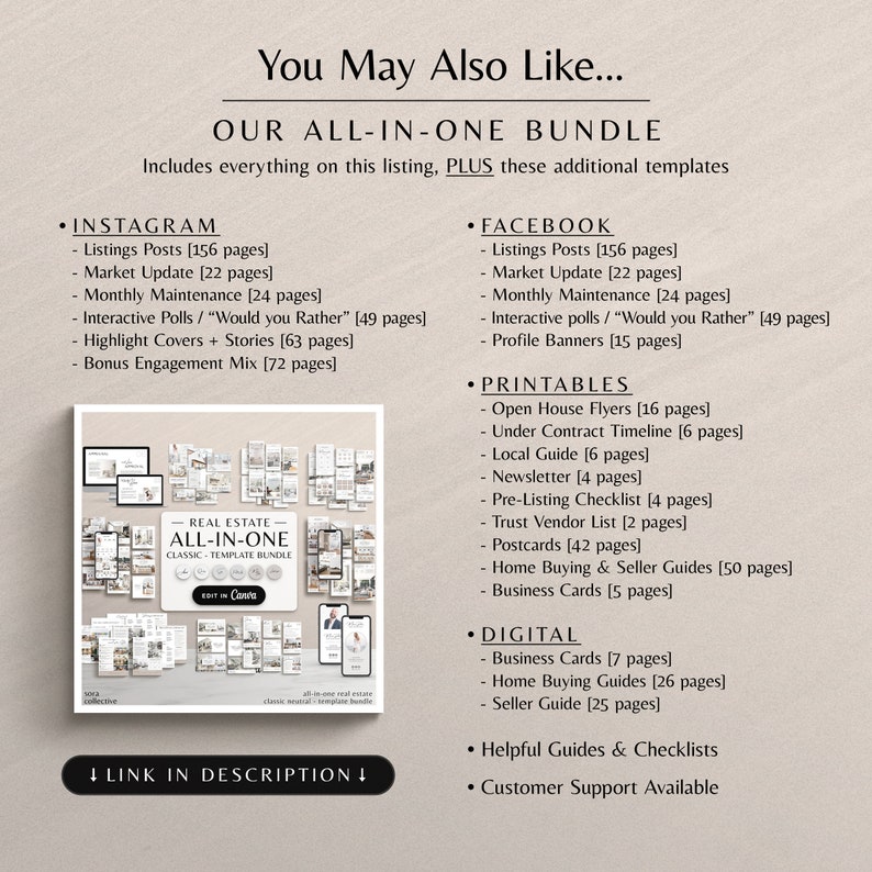 May include: A collage of images showcasing a real estate all-in-one template bundle. The bundle includes templates for Instagram, Facebook, printables, and digital marketing materials. The text "REAL ESTATE ALL-IN-ONE CLASSIC TEMPLATE BUNDLE" is visible in the centre of the image.