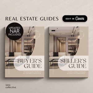 May include: Two real estate guides with a modern interior design theme. The left guide is titled "Buyer's Guide" and the right guide is titled "Seller's Guide". Both guides have the text "Updated NAR Included" at the top.