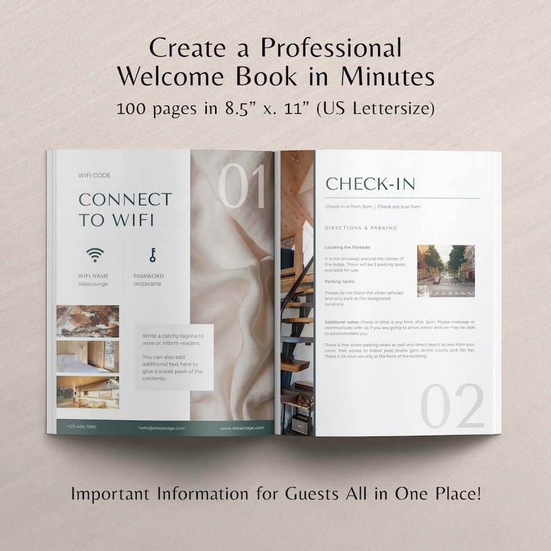 May include: A two-page spread of a welcome book for guests. The left page has a section titled "Connect to Wifi" with a wifi symbol, the name "SakoLounge", and a password. The right page has a section titled "Check-In" with information about check-in and parking. The page numbers are 01 and 02.