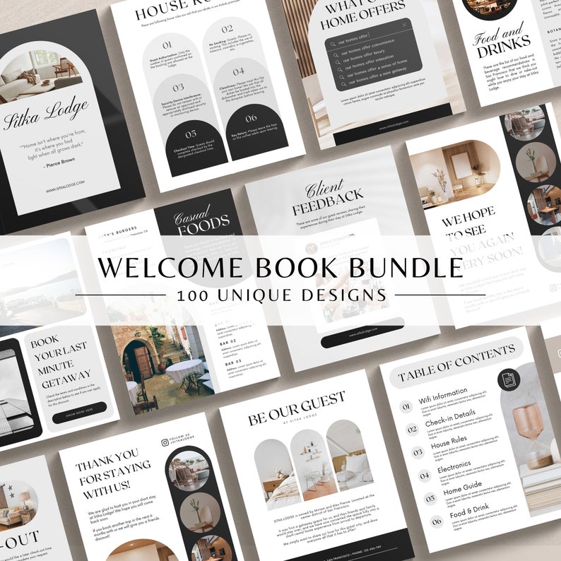 May include: A welcome book bundle for a hotel or bed and breakfast. The bundle includes 100 unique designs with a variety of themes, including a book your last minute getaway, thank you for staying with us, be our guest, and a table of contents. The designs are modern and minimalist with a black and white color scheme.