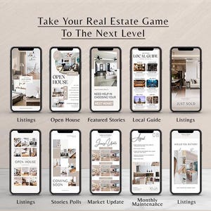 May include: A collage of nine phone screens showcasing different ways to use social media for real estate marketing. The screens feature images of homes, open houses, local guides, market updates, and monthly maintenance tips. The text on the screens includes phrases like "Open House", "Just Sold", "Local Guide", and "Coming Soon".