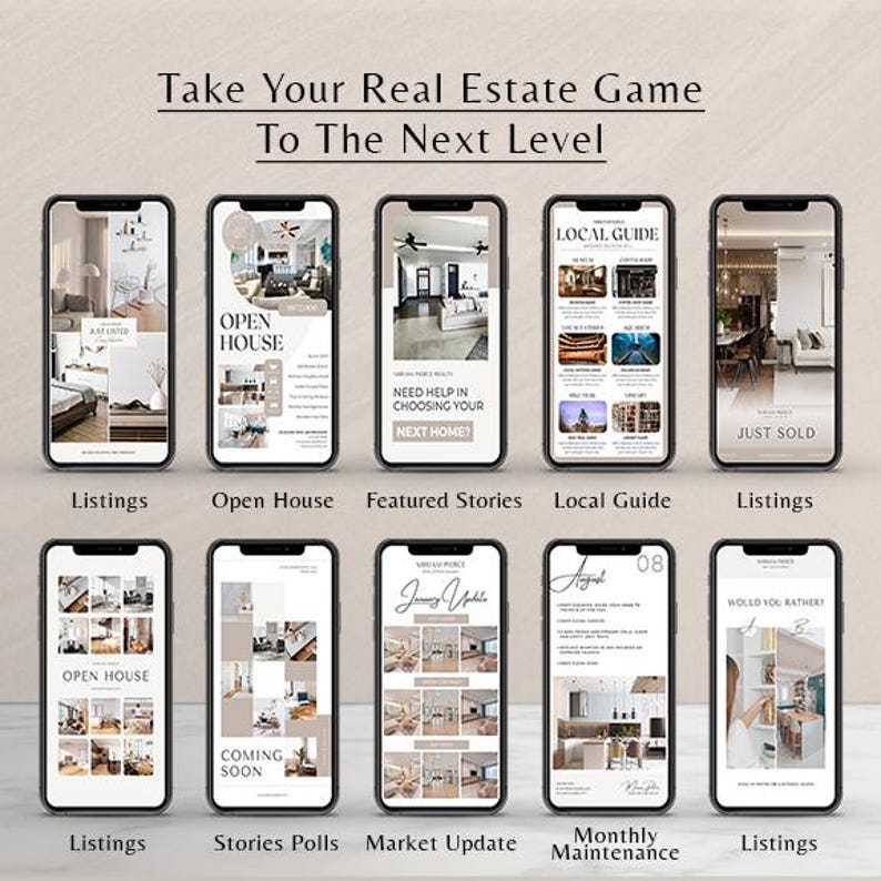 May include: A collage of nine phone screens showcasing different ways to use social media for real estate marketing. The screens feature images of homes, open houses, local guides, market updates, and monthly maintenance tips. The text on the screens includes phrases like "Open House", "Just Sold", "Local Guide", and "Coming Soon".