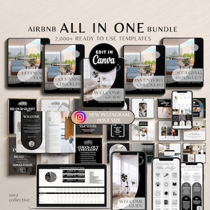 May include: A collection of digital templates for Airbnb hosts, including welcome guides, check-in and check-out checklists, cleaning checklists, feedback forms, and staging booklets. The templates are designed in a black and white colour scheme with a modern aesthetic. The text "EDIT IN Canva" is visible in the image.
