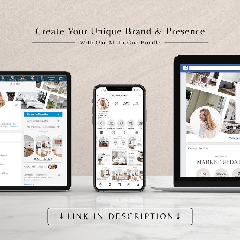 May include: A screenshot of a computer screen showing a social media post with a grid of images of interior design. The post is titled "Market Update" and includes the numbers 234, $612,000, and 3. The post is on a Facebook page.