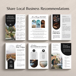 May include: A black and white graphic design template for sharing local business recommendations. The template includes sections for activities with kids, more things to do, local day trips, location recommendations, food and drinks, and casual foods. Each section includes a title, a description, and a list of businesses.