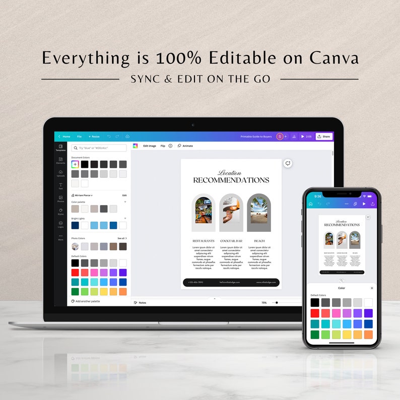 May include: A screenshot of a Canva design template on a laptop and phone. The template is for a location recommendations guide with three sections: Best Restaurants, Coolest Bars, and Beach. Each section has a photo and text placeholder.