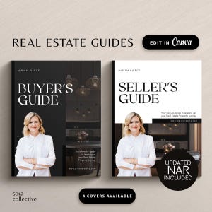 May include: Two black and white book covers featuring a woman on each cover. The cover on the left reads "Buyer's Guide" and the cover on the right reads "Seller's Guide". Both covers have the text "Miriam Pierce" at the top and a website address at the bottom.