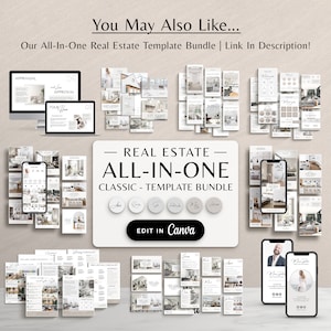 May include: A collection of real estate social media templates in a classic style. The templates are designed for use with Canva and feature a variety of layouts, including images of homes, text boxes, and social media icons. The templates are designed to help real estate agents promote their listings and connect with potential clients.