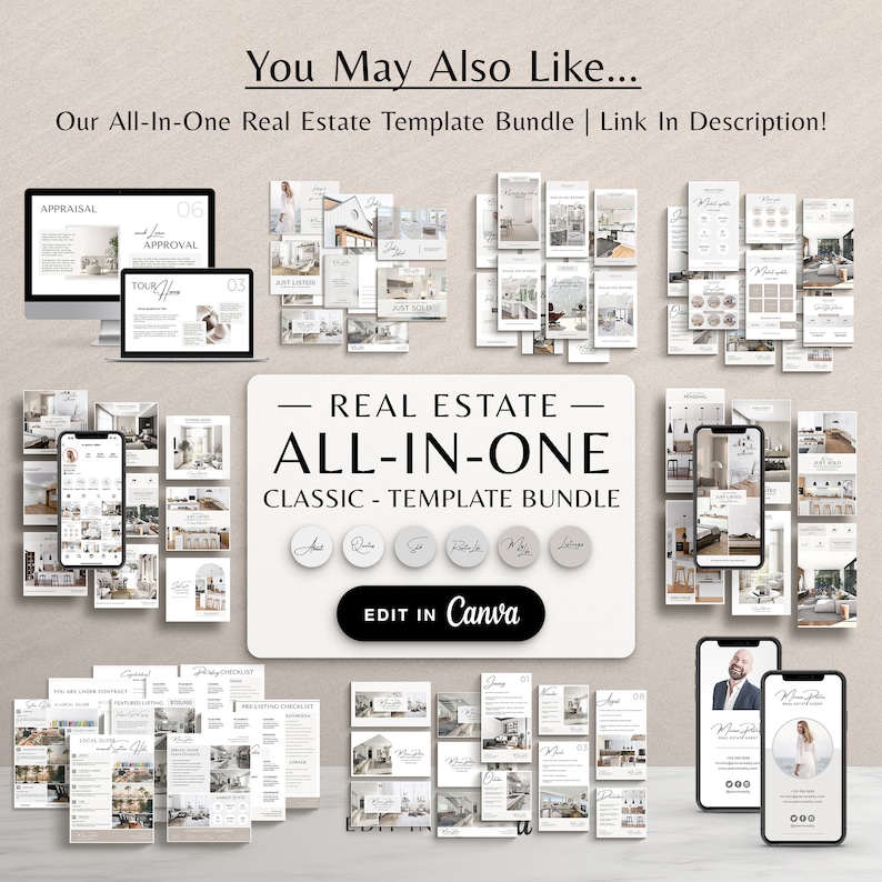 May include: A collection of real estate social media templates in a classic style. The templates are designed for use with Canva and feature a variety of layouts, including images of homes, text boxes, and social media icons. The templates are designed to help real estate agents promote their listings and connect with potential clients.