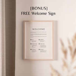 May include: A welcome sign with a brown wooden frame and a white background. The sign includes information about WiFi, address, house rules, check-out, contact, and reviews.