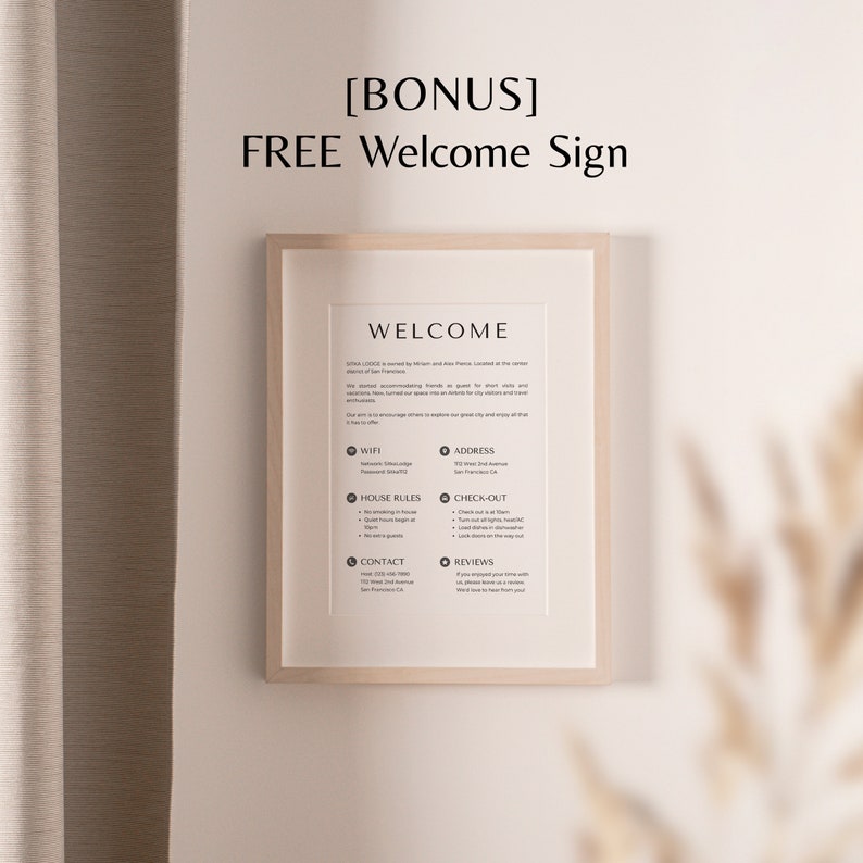 May include: A welcome sign with a brown wooden frame and a white background. The sign includes information about WiFi, address, house rules, check-out, contact, and reviews.