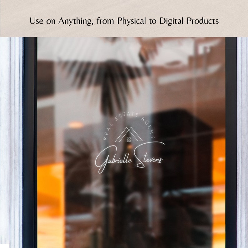 May include: A white logo on a frosted glass storefront window. The logo features a house icon with the text "Real Estate Agent" and "Gabrielle Stevens".