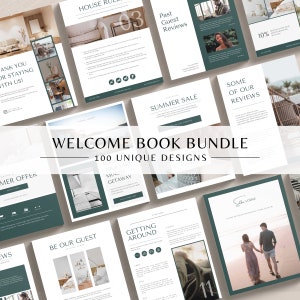 May include: A collection of welcome book templates for hotels and lodges. The templates feature a minimalist design with a green and white color scheme. The text includes phrases like "Welcome Book Bundle", "100 Unique Designs", "Be Our Guest", "Getting Around", and "Summer Sale".