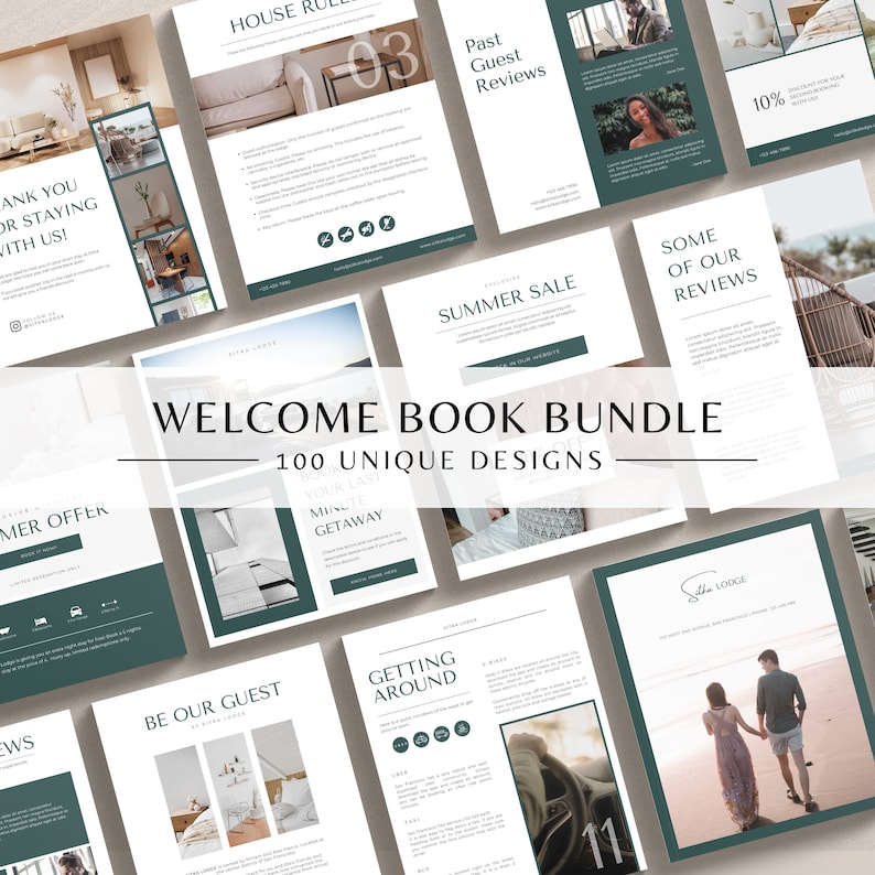 May include: A collection of welcome book templates for hotels and lodges. The templates feature a minimalist design with a green and white color scheme. The text includes phrases like "Welcome Book Bundle", "100 Unique Designs", "Be Our Guest", "Getting Around", and "Summer Sale".