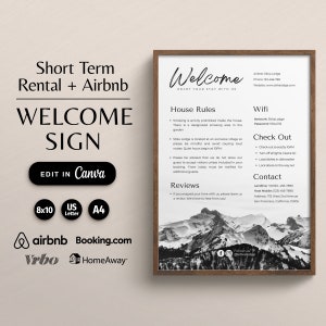 K&ouml;nnte beinhalten: Ein schwarz-wei&szlig;es Willkommensschild f&uuml;r Kurzzeitmieten und Airbnbs. Das Schild enth&auml;lt Hausregeln, WLAN-Informationen, Check-out-Anweisungen und Kontaktinformationen. Das Schild enth&auml;lt auch den Text "Willkommen, genie&szlig;en Sie Ihren Aufenthalt bei uns".
