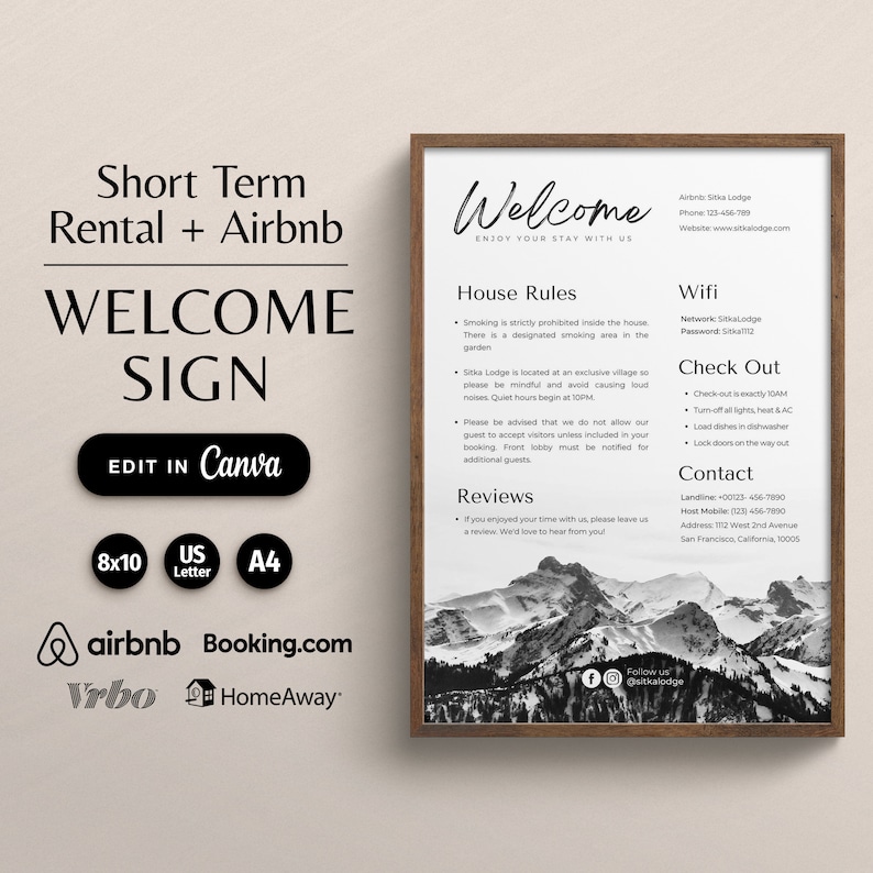 K&ouml;nnte beinhalten: Ein schwarz-wei&szlig;es Willkommensschild f&uuml;r Kurzzeitmieten und Airbnbs. Das Schild enth&auml;lt Hausregeln, WLAN-Informationen, Check-out-Anweisungen und Kontaktinformationen. Das Schild enth&auml;lt auch den Text "Willkommen, genie&szlig;en Sie Ihren Aufenthalt bei uns".