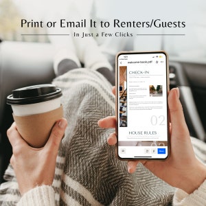 May include: A person holding a smartphone displaying a welcome book for renters or guests. The book includes sections for check-in and house rules. The text on the screen reads "welcome-book.pdf", "CHECK-IN", "HOUSE RULES", and "Share".
