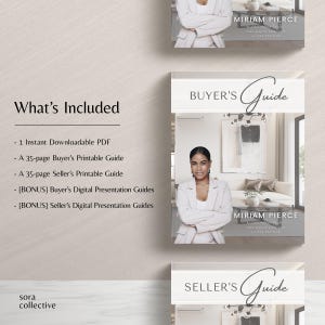 May include: A digital product listing for a real estate buyer's and seller's guide. The listing includes a 35-page printable guide for both buyers and sellers, as well as digital presentation guides for both. The listing also includes a downloadable PDF.