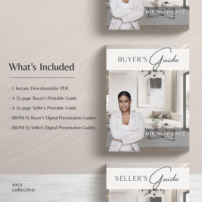 May include: A digital product listing for a real estate buyer's and seller's guide. The listing includes a 35-page printable guide for both buyers and sellers, as well as digital presentation guides for both. The listing also includes a downloadable PDF.