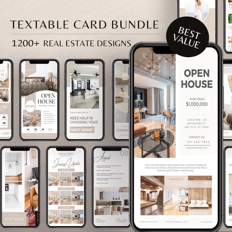May include: A collection of customizable real estate social media post templates. The templates feature a variety of modern interior design styles and include text such as "Open House", "Just Sold", and "Coming Soon".