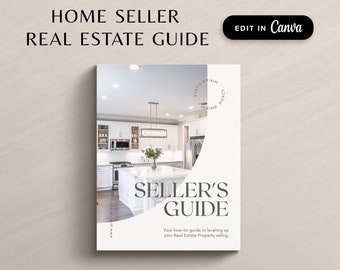 Może przedstawiać: Biało-szary przewodnik dla sprzedających domy z tytułem "Seller's Guide" i tekstem "Your how-to-guide in leveling up your Real Estate Property selling." Przewodnik zawiera zdjęcie nowoczesnej kuchni z białymi szafkami i dużą wyspą.