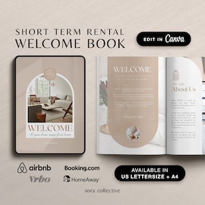 May include: A digital welcome book template for short-term rentals. The cover features a minimalist design with a welcome message and a photo of a living room. The inside pages include a welcome message, information about the property, and a list of amenities. The template is available in US Letter and A4 sizes. The template is designed to be used with Airbnb, Booking.com, Vrbo, and HomeAway.